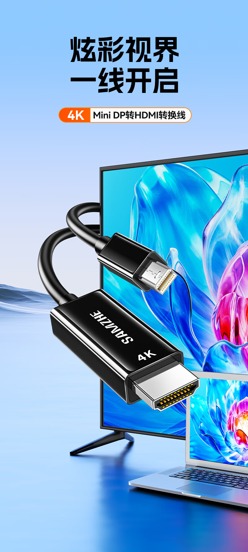 Кабель-адаптер SAMZHE Mini DP to HDMI, Thunderbolt, 4K, 2 метра, MD420