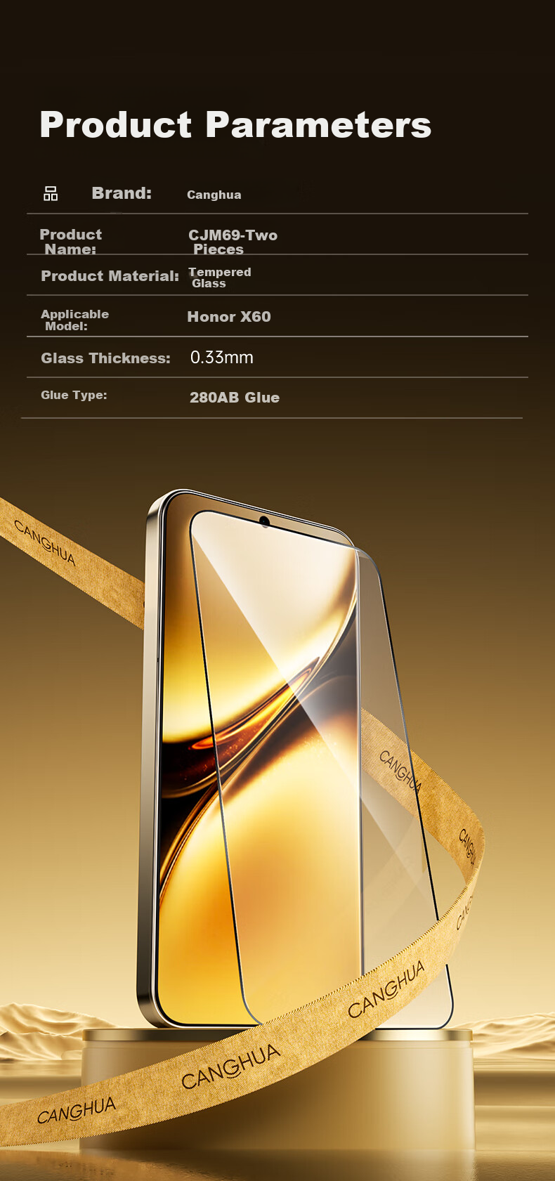 Защитное стекло CangHua для Honor X60, полное покрытие, противоударное, антибликовое, с инструментом для установки, 2 шт.