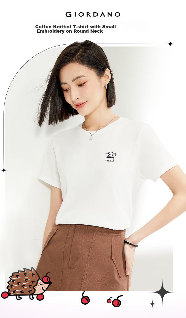 Женская футболка Giordano с коротким рукавом, летняя хлопковая футболка с небольшой вышивкой, круглый вырез, повседневный топ