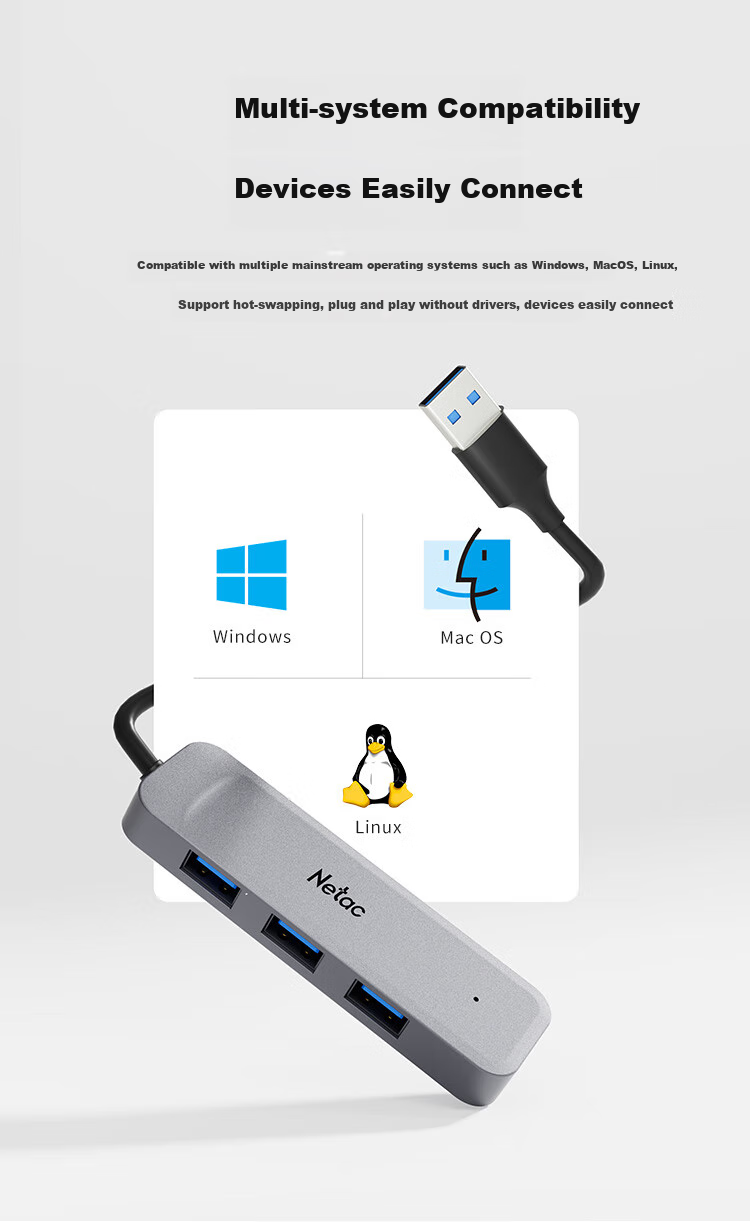 USB 3.0 хаб Netac WF11, 4 порта, алюминиевый корпус, 5 Гбит/с, черный