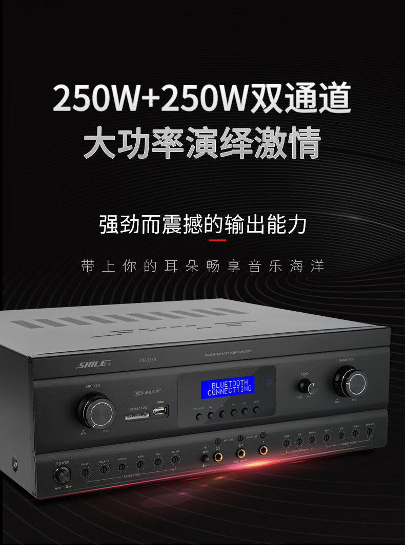 Усилитель SHILE OK-555A, с оптическим и коаксиальным входом, Bluetooth, функцией записи, анти-громкостью, караоке-усилитель высокой точности, 250 Вт