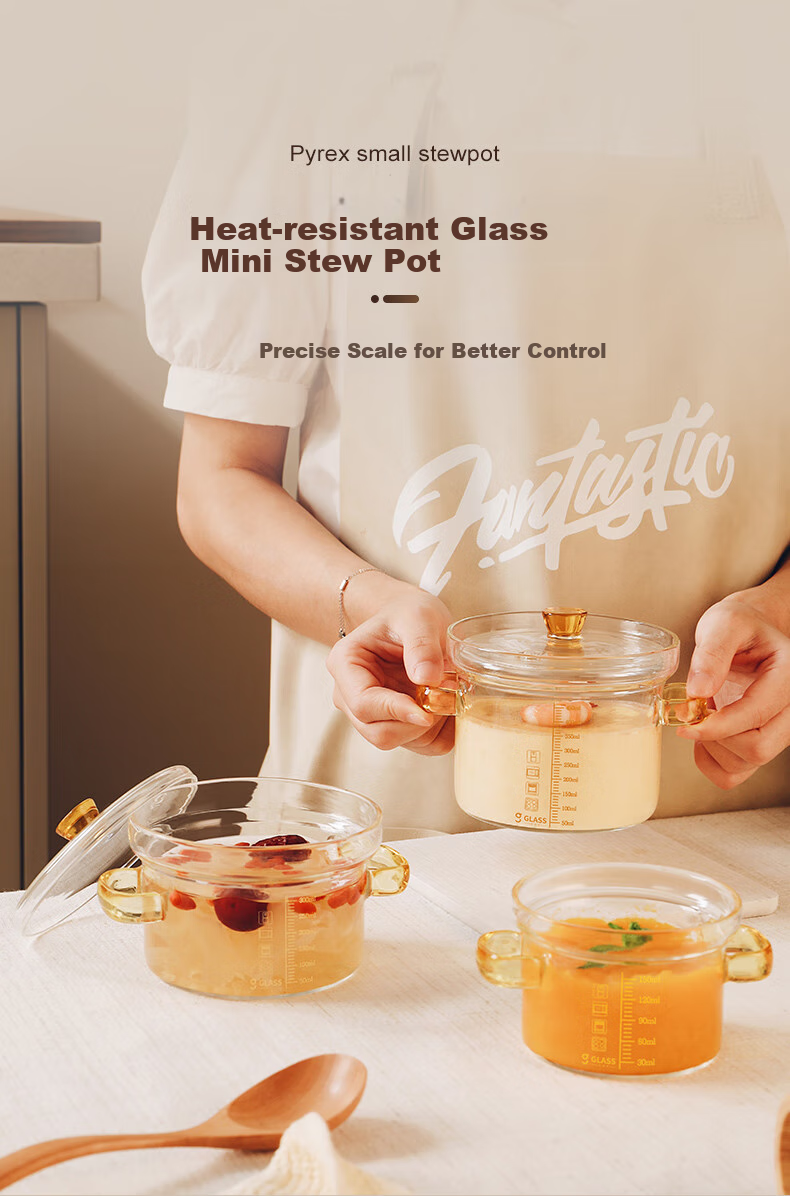 CRISTALGLASS Стеклянная миска для варки на пару с двойными ручками, горшок для тушения с крышкой, стеклянная миска для птичьего гнезда и десертов с мерными отметками