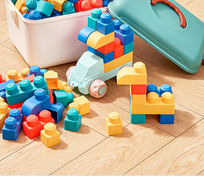 Конструктор Leleyu для детей от 3-6 лет, большие мягкие резиновые детали, которые можно грызть, подарок на день рождения для мальчиков и девочек, 53 детали с ящиком для хранения