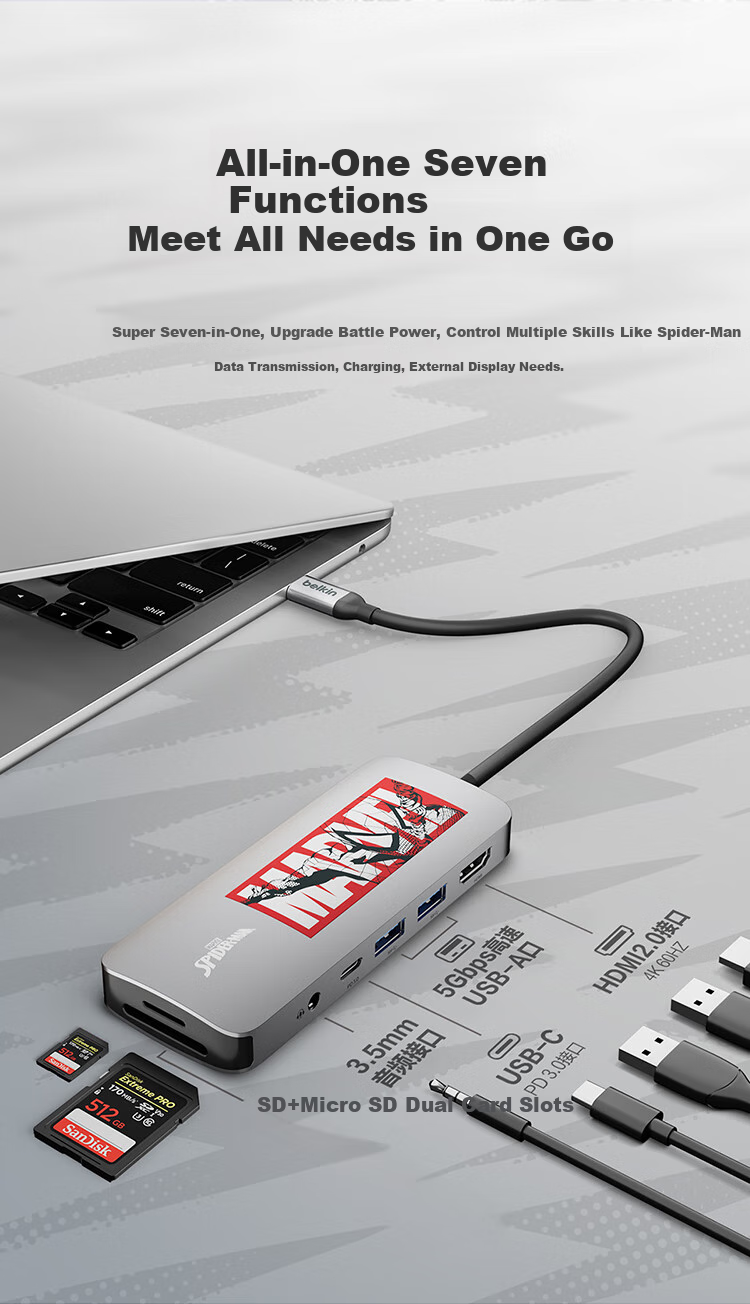 Многофункциональный USB-C хаб Belkin, 7-в-1, для iPad и Apple компьютеров, с PD 100W, HDMI, кардридером