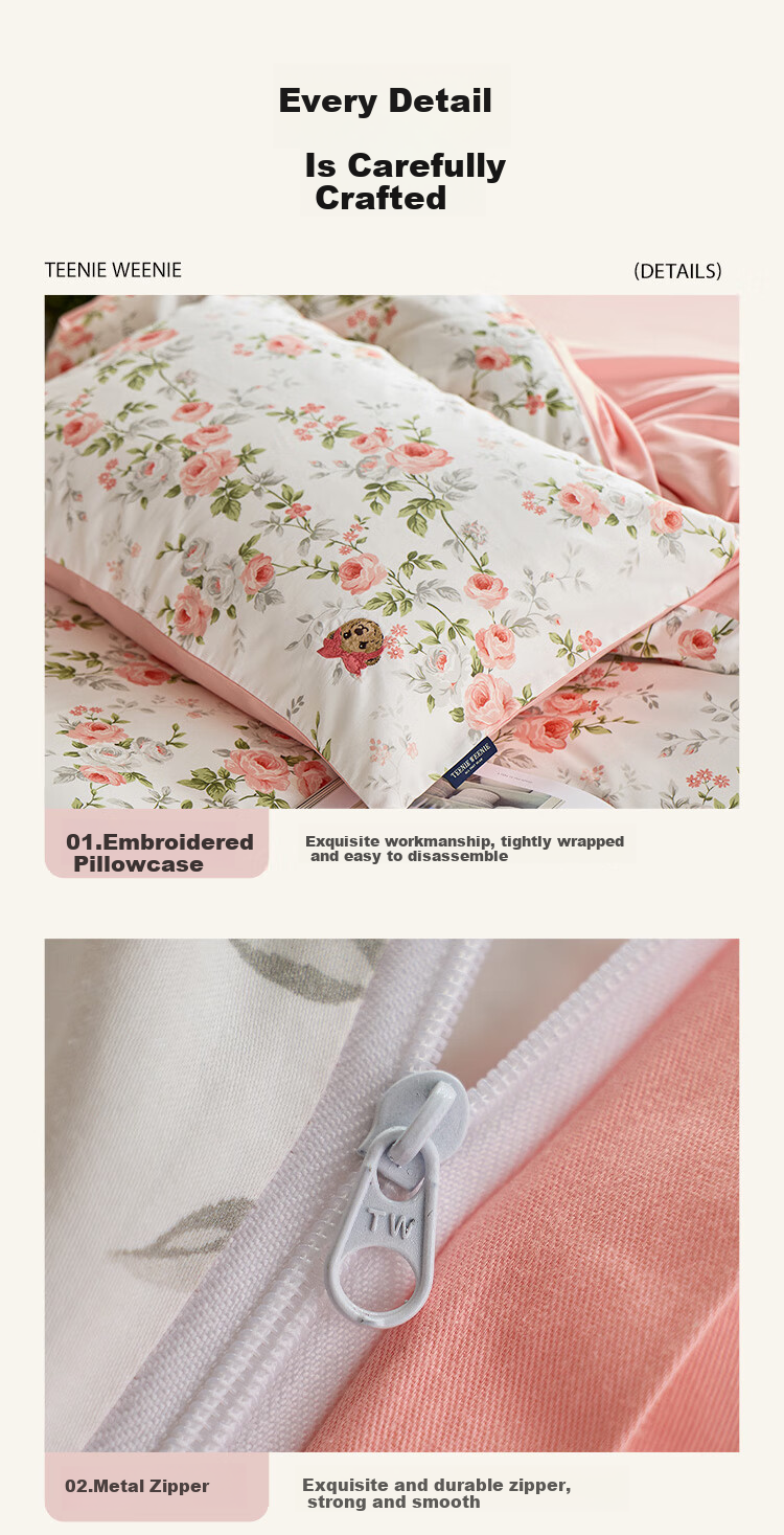 Комплект постельного белья TEENIE WEENIE Cotton Print Embroidery, размер 1.5/1.8м, цвет "Цветочный + нежно-розовый"
