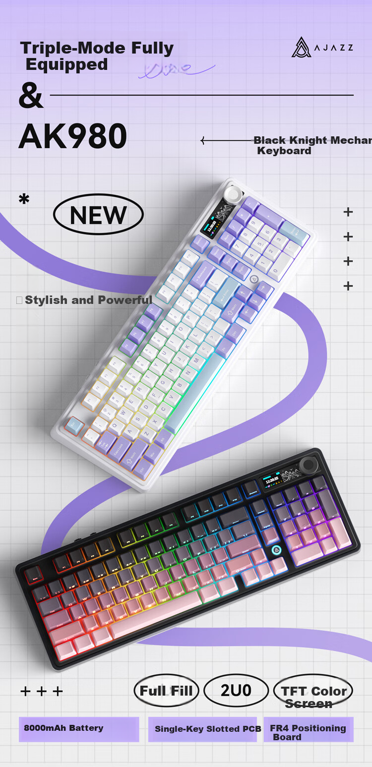Механическая клавиатура AJAZZ AK980, 98 клавиш, Gasket Mount, RGB подсветка, горячая замена, 2U высота, ручка громкости, боковая гравировка, градиентный розовый, TTC Flame Red V2