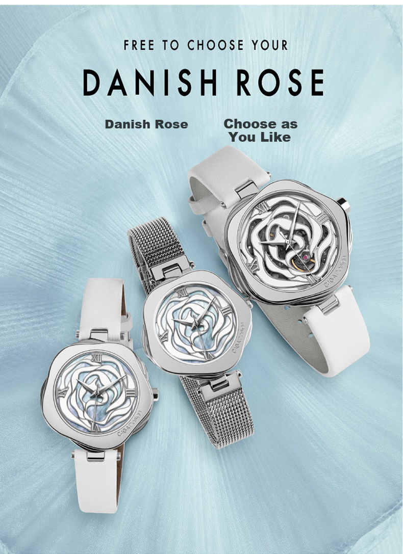 Женские часы CIGA Design R Series Danish Rose, механические, автоматические, с сапфировым стеклом, водонепроницаемые (3 АТМ), серебристый циферблат, квадратный корпус, кожаный ремешок, женские