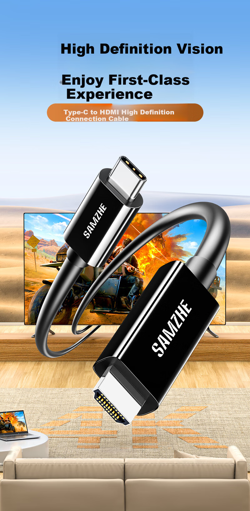 Кабель SAMZHE Type-C - HDMI, адаптер USB-C, 4K HD, 1 метр