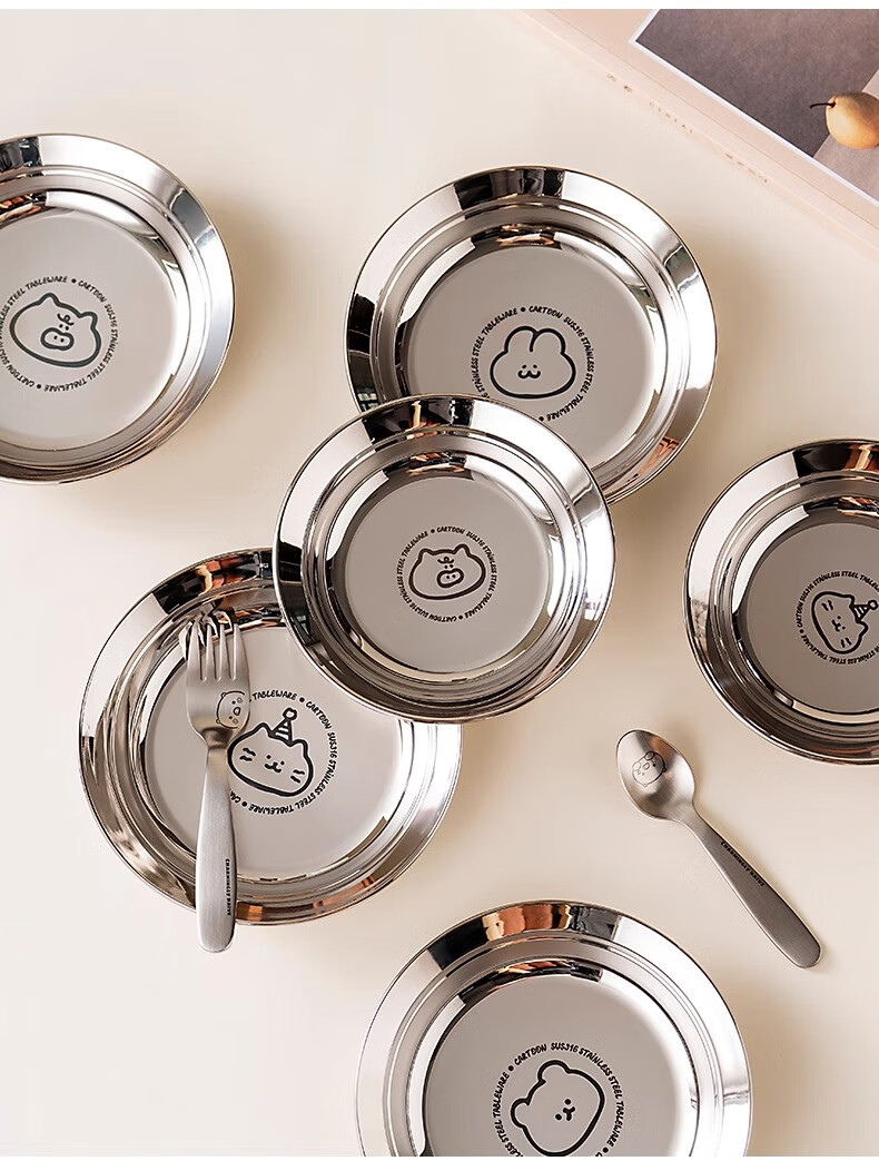 Тарелка Onlycook 316 из нержавеющей стали, детская, круглая, с рисунком "Маленький кролик", 16 см