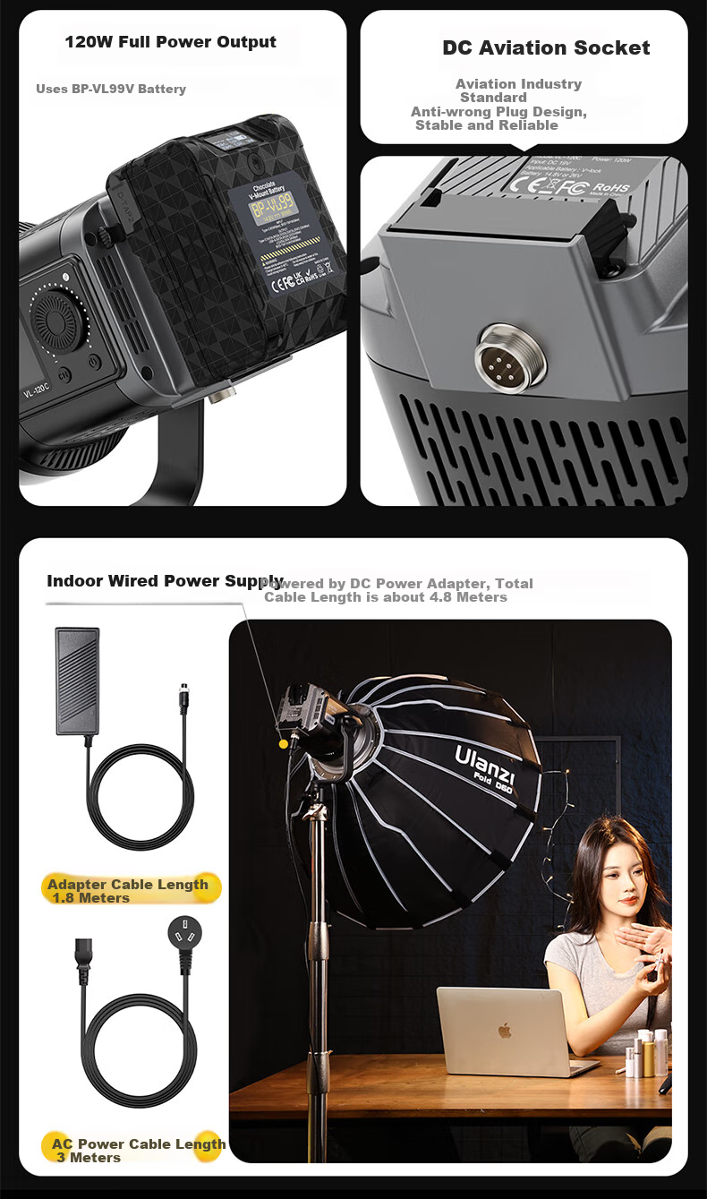 Ulanzi VL120Bi 120W Двухцветная заполняющая лампа с V-креплением, непрерывный видеосвет, COB-свет, фотографический свет, мягкий свет для прямой трансляции