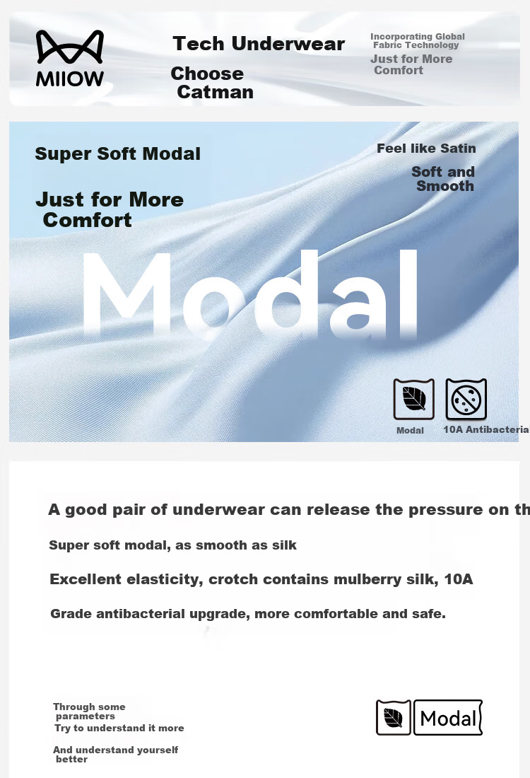 Мужские трусы MiiOW, модель "Upgraded 10A Antibacterial Men's Underwear, Modal Fabric", размер 4XL, из модала, с антибактериальным эффектом, с ластовицей из шелка тутового дерева