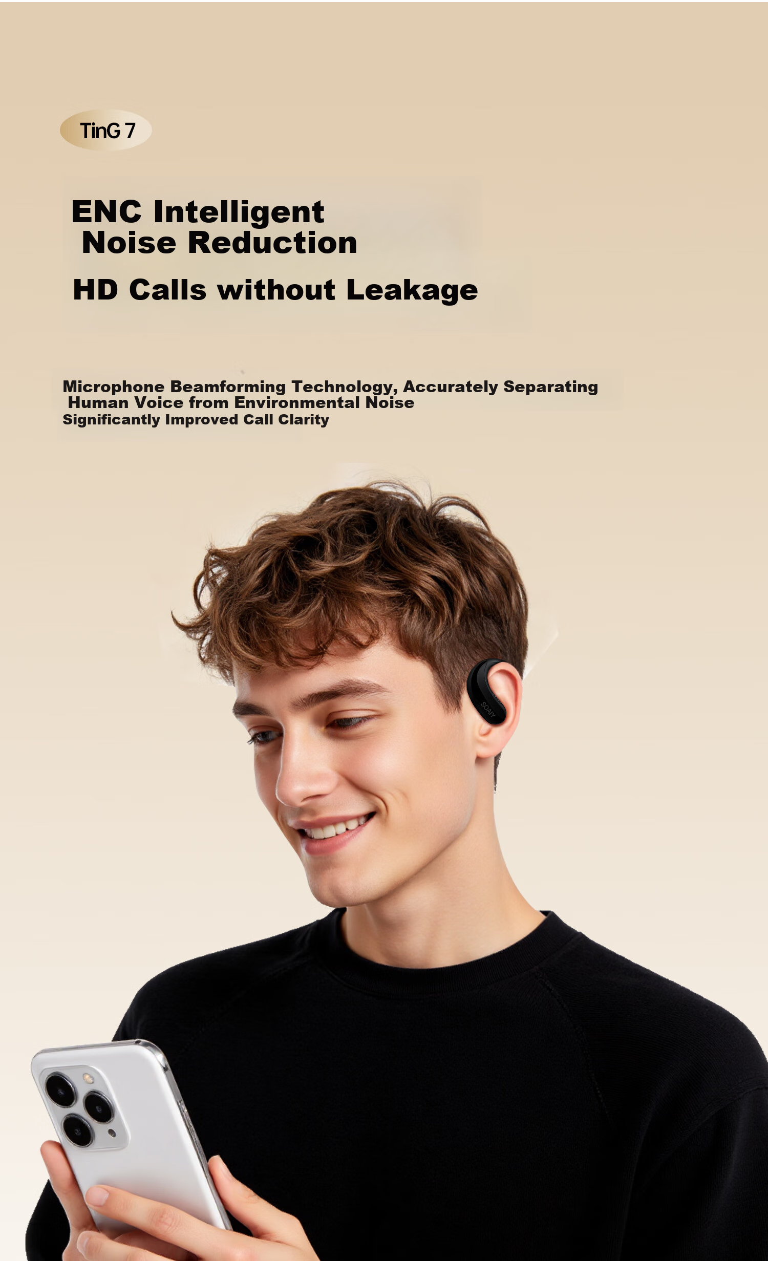 Беспроводные наушники Soaiy Ting 7 с открытым ухом, Bluetooth 6.0, True Wireless, шумоподавление, длительное время работы, черный