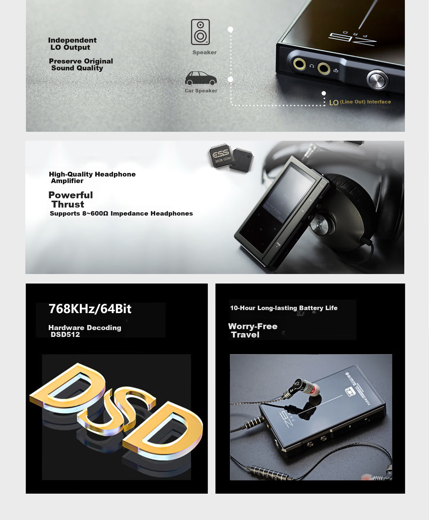 Портативный Hi-Fi плеер Z6Pro, MP3/MP4 плеер, DSD Native Lossless, Bluetooth, 1.2-3.5 дюйма, 1500 мАч, 20Hz~20Khz, 1.2W