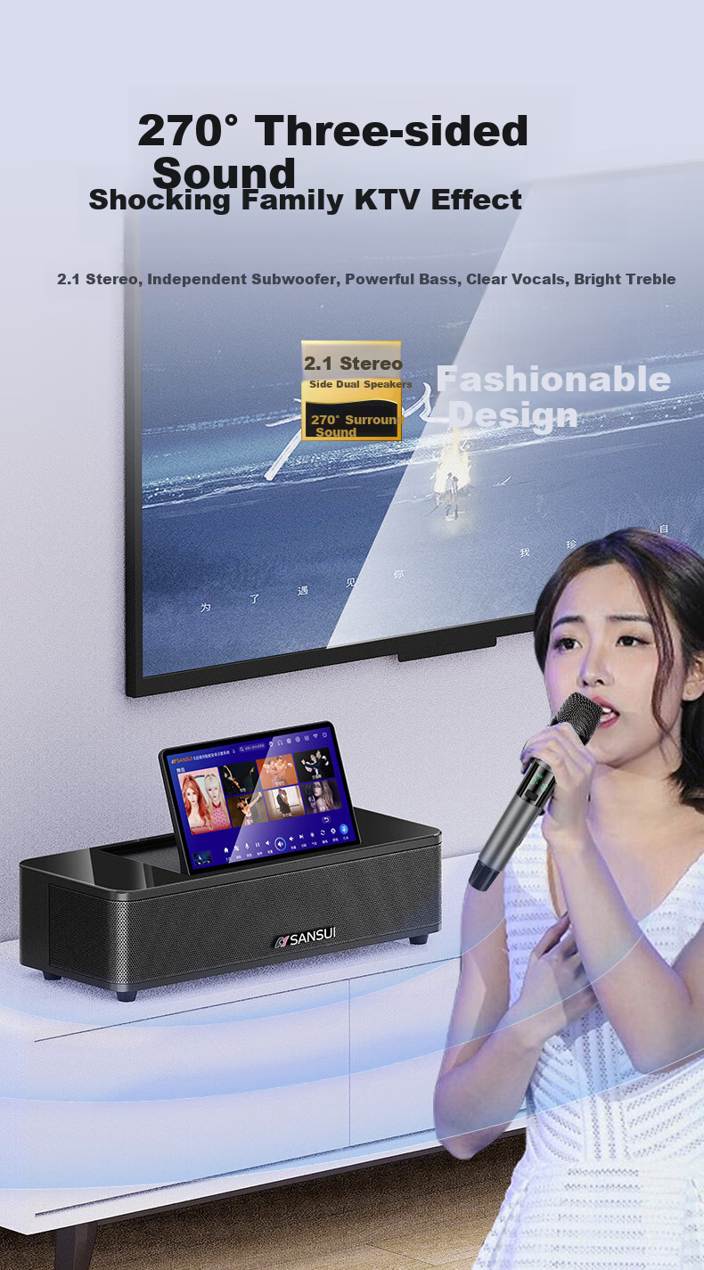 SANSUI 96H Умная домашняя караоке-система, портативная колонка с Bluetooth, Wi-Fi, HDMI, USB, оптическим и AUX входами, 14.1-дюймовый сенсорный экран, 500 ГБ памяти, 2 микрофона