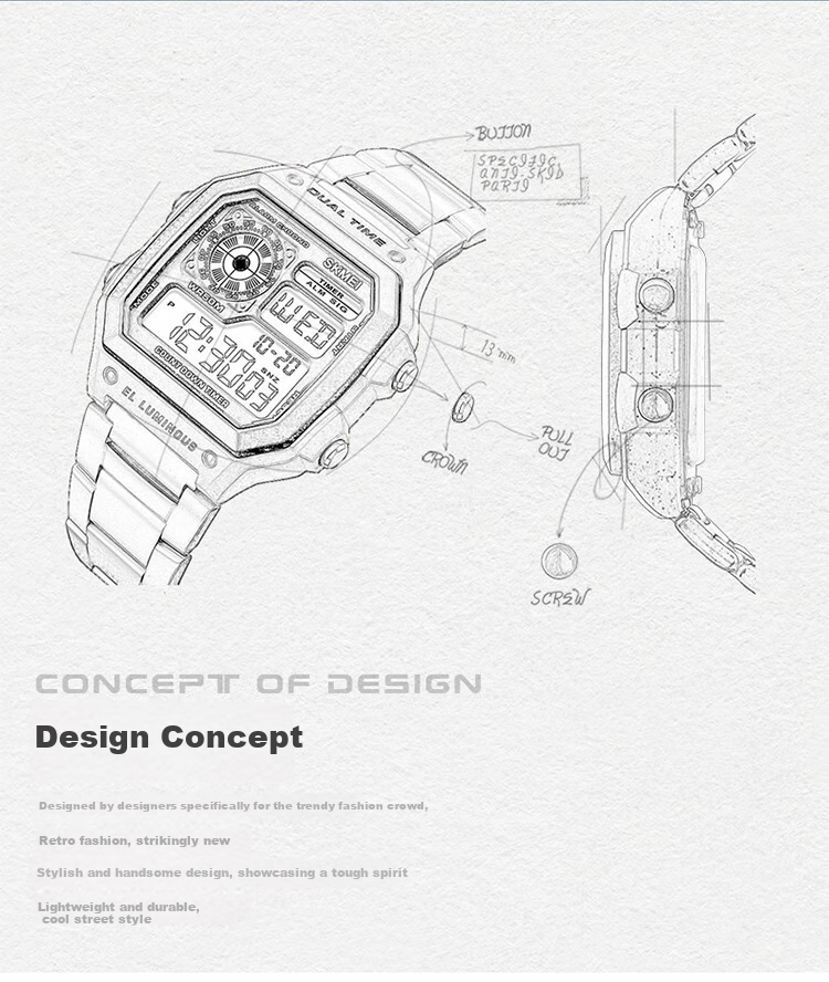 Skmei Student Watch Square High-End for Middle And High School Students, Waterproof Alarm Clock Sports Steel Band Electronic Watch for Men 1335