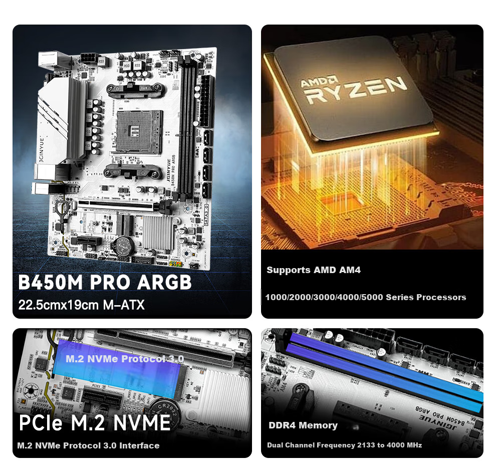 Материнская плата Jingyue B450M PRO ARGB, сокет AM4, DDR4, M-ATX, для процессоров AMD Ryzen 5000 серии