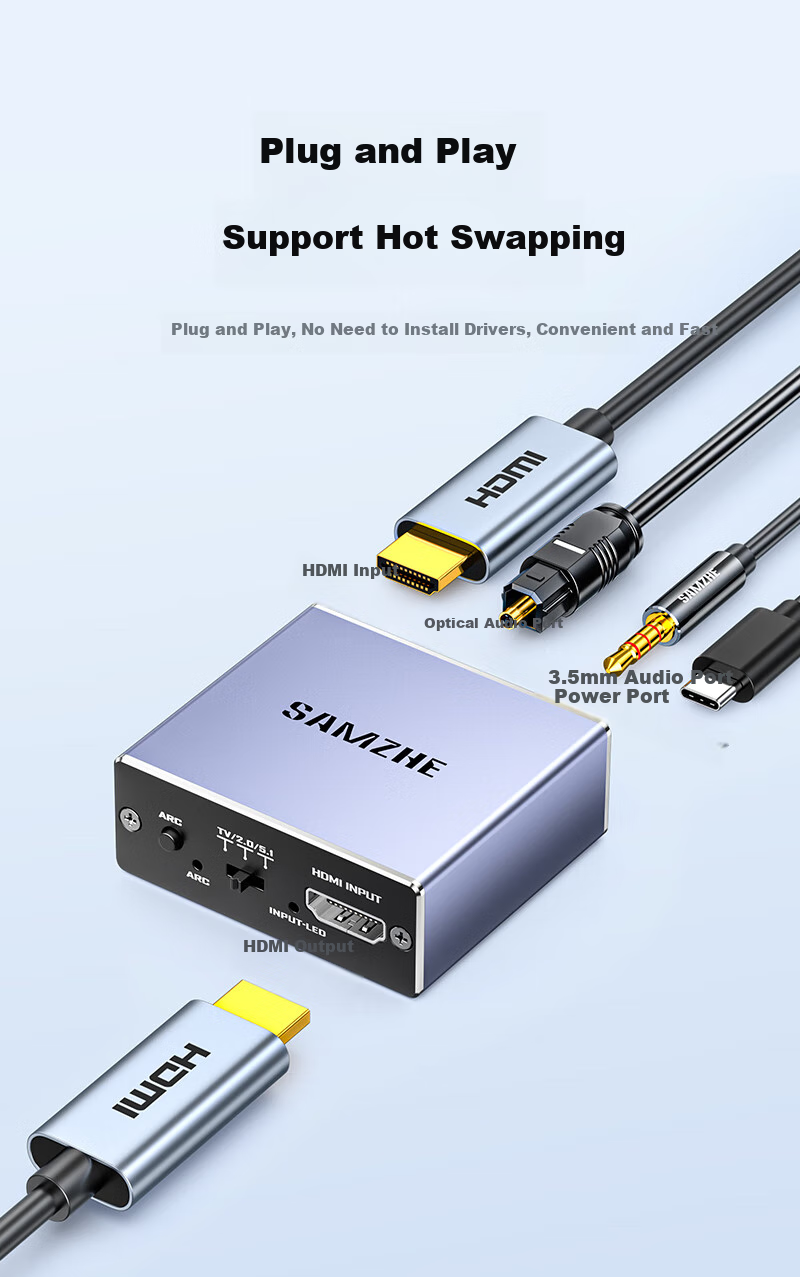 HDMI аудио разветвитель SAMZHE ZBK-04, 4K HD, 5.1 оптический выход, 3.5мм аудиовыход, конвертер для ноутбуков, ТВ-приставок, PS4/5, подключение к ТВ, колонкам