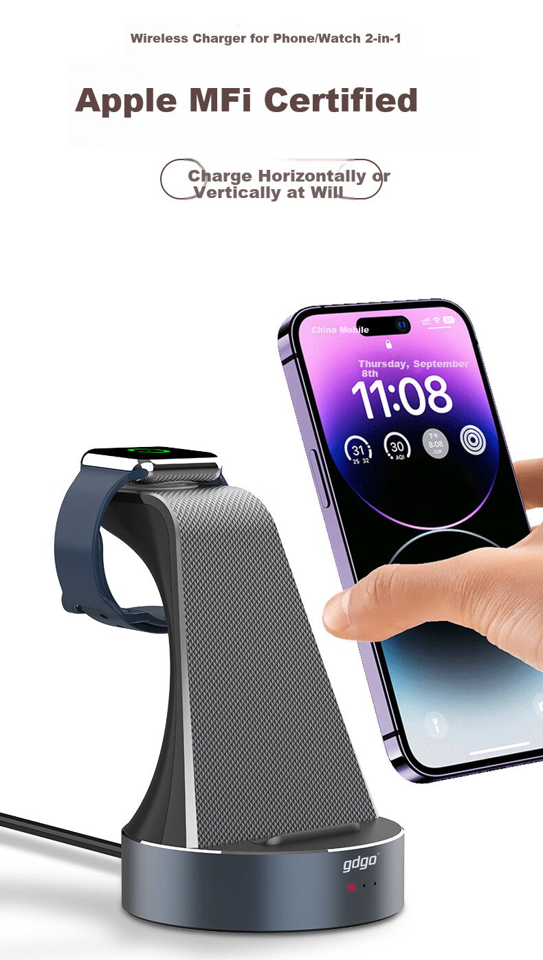 GDGO Беспроводное зарядное устройство 2-в-1 с сертификацией Apple MFi, быстрая зарядка для iPhone 17/16/15, Apple Watch S11/10/9, сертификация QI