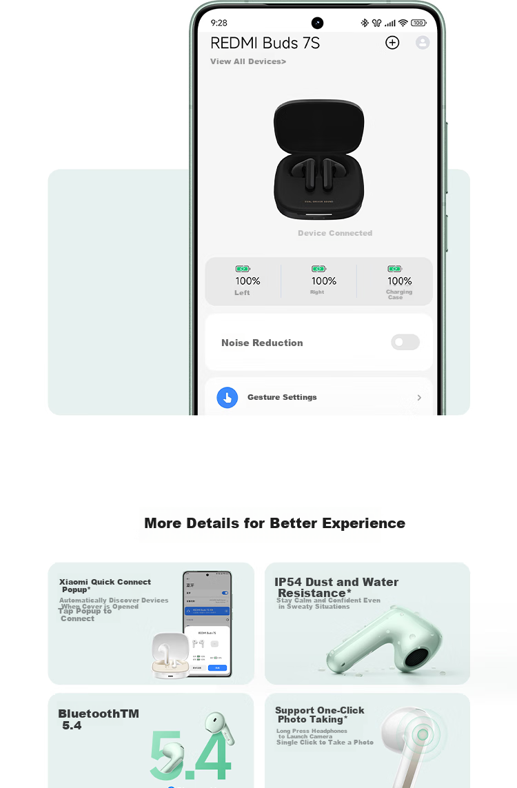 Беспроводные наушники MI Redmi Buds 7S, полувкладыши, с активным шумоподавлением, Bluetooth 5.4, черный