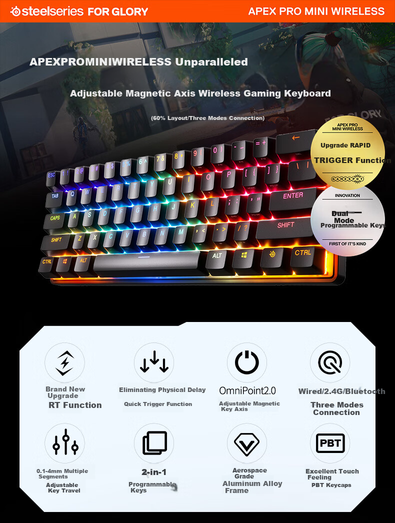 Игровая клавиатура SteelSeries Apex Pro Mini Wireless Tri-Mode Magnetic Switch Keyboard, 60% раскладка, 61 клавиша, беспроводная, черная