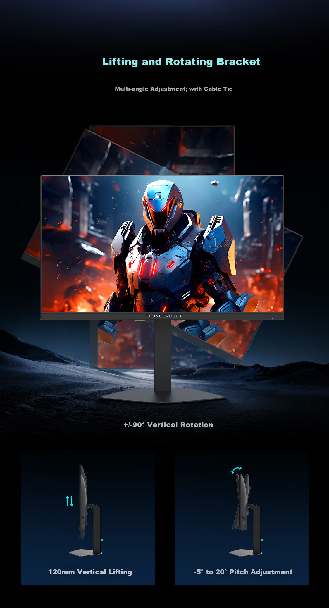 Игровой монитор ThundeRobot Black Knight 23.8 дюйма, 2K, 240 Гц, Fast IPS, аппаратное снижение синего света, HDR450, регулировка высоты и вращение