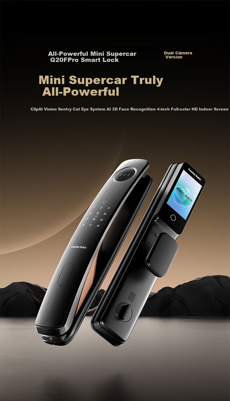 Умный замок KAADAS Q20F Pro Dual Camera с распознаванием лиц, видеодомофоном, большим экраном, полностью автоматический, отпечаток пальца, пароль, черный