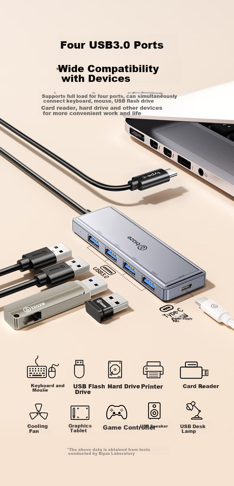 BIAZE Type-C 3.0 концентратор, 4-портовый USB-хаб, удлинитель для ноутбуков Apple, планшетов iPad, адаптер