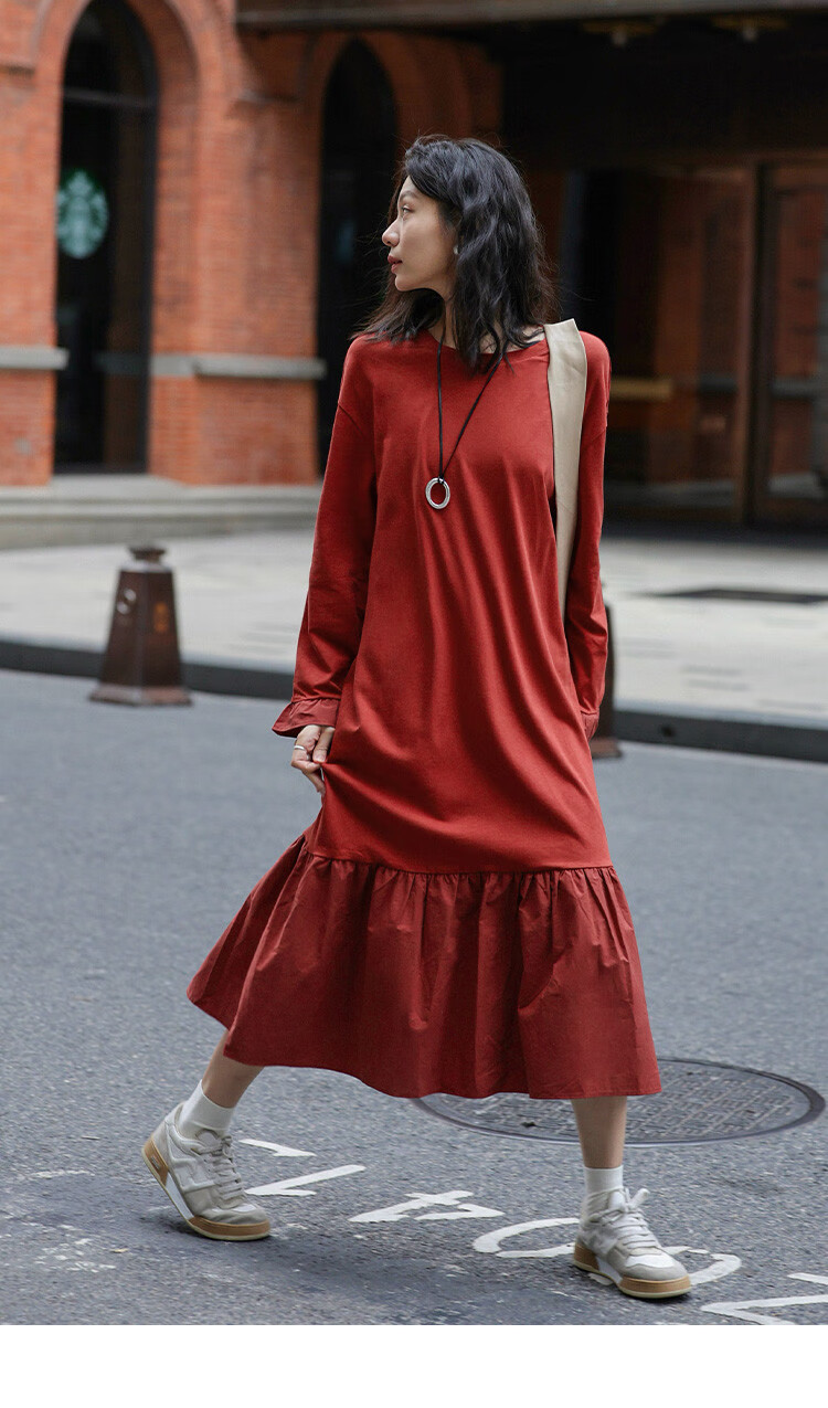 Платье Demana 2025 Spring Basic Versatile Patchwork Hem Crew Neck Pullover Long Sleeve Long Dress, размер S, кирпично-красный