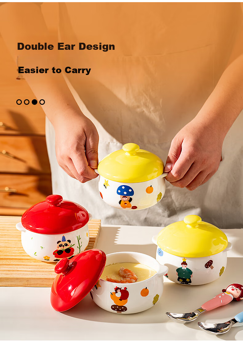 Керамическая миска Onlycook с двойными ручками и крышкой, для тушения, детского питания, супа, желтая, 330 мл