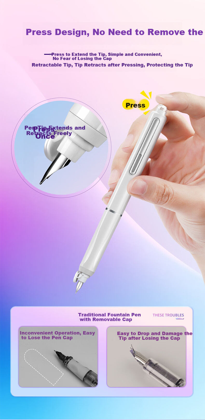 Детская перьевая ручка Dianshi DS-784 для отработки почерка, с кнопкой, стираемыми чернилами, белая