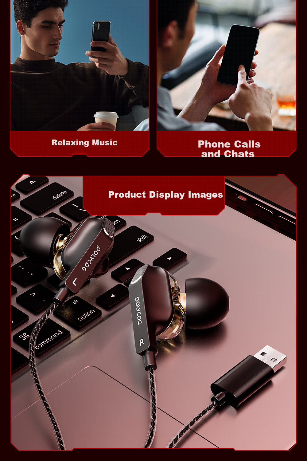 Проводная игровая гарнитура POLVCDG D9, внутриканальная, USB, с двойными динамическими драйверами, точным позиционированием звука, микрофоном, шумоподавлением