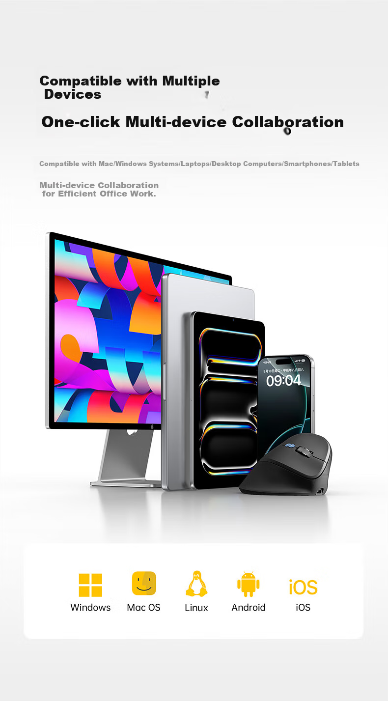 Эргономичная вертикальная беспроводная мышь W&P MV50, Bluetooth, 2.4 ГГц, 52° вертикальный захват, тихий клик, для правой руки, черный