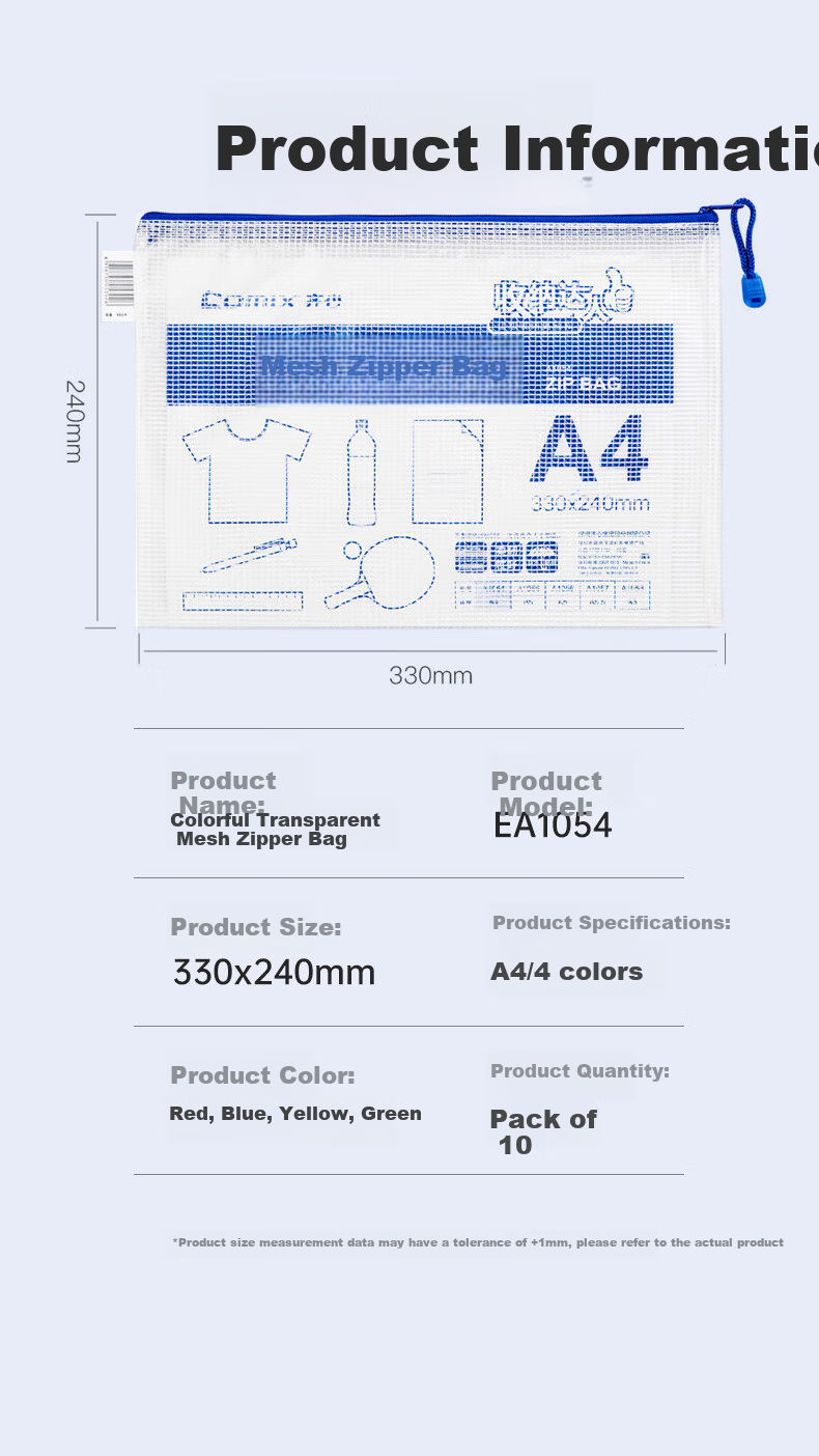 Набор канцелярских принадлежностей COMIX EA1054, 10 прозрачных папок-карманов формата А4 на молнии, для сортировки предметов в начальной школе, хранения документов в офисе, организации экзаменационных работ и квитанций, сетчатые пластиковые папки для экзаменационных принадлежностей