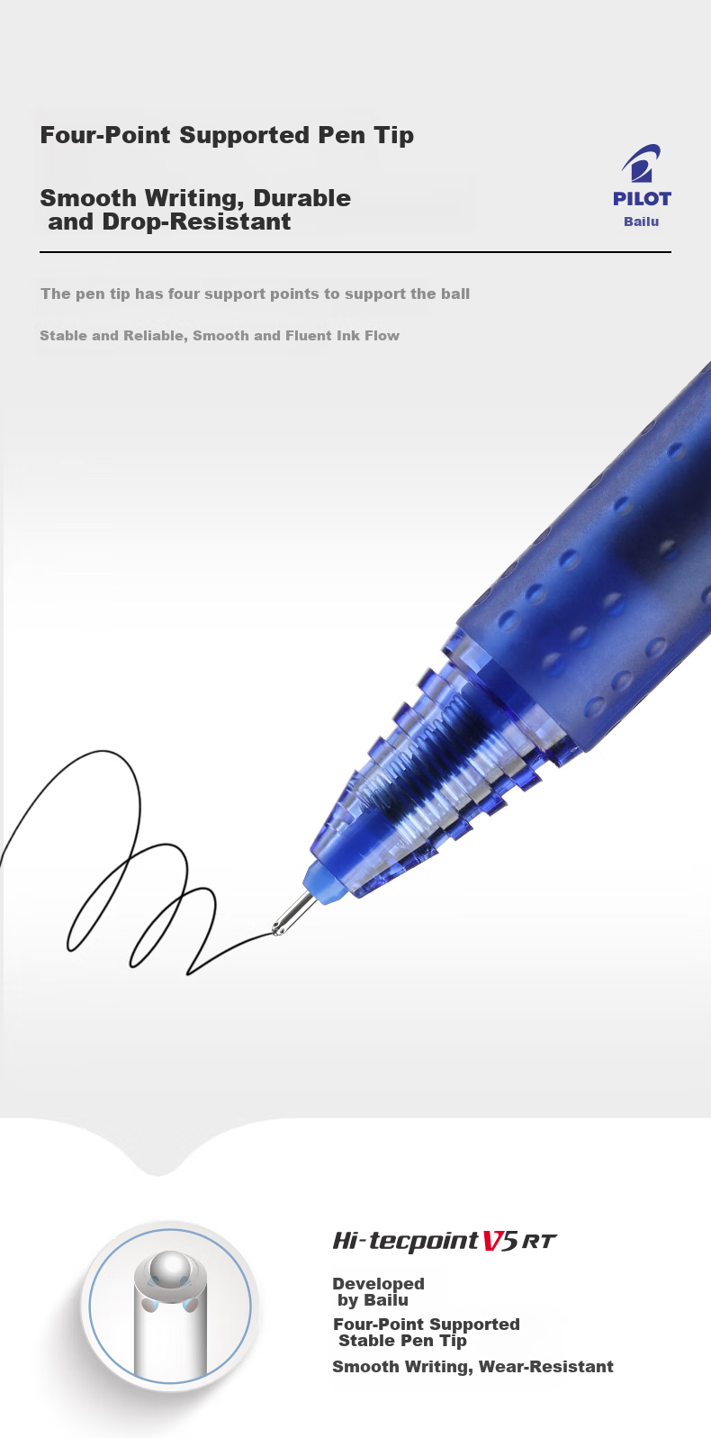PILOT BXRT-V5 Kaotuwang Гелевая ручка, 0.5мм, черная, бизнес/студенческая, набор 1 ручка + 10 стержней