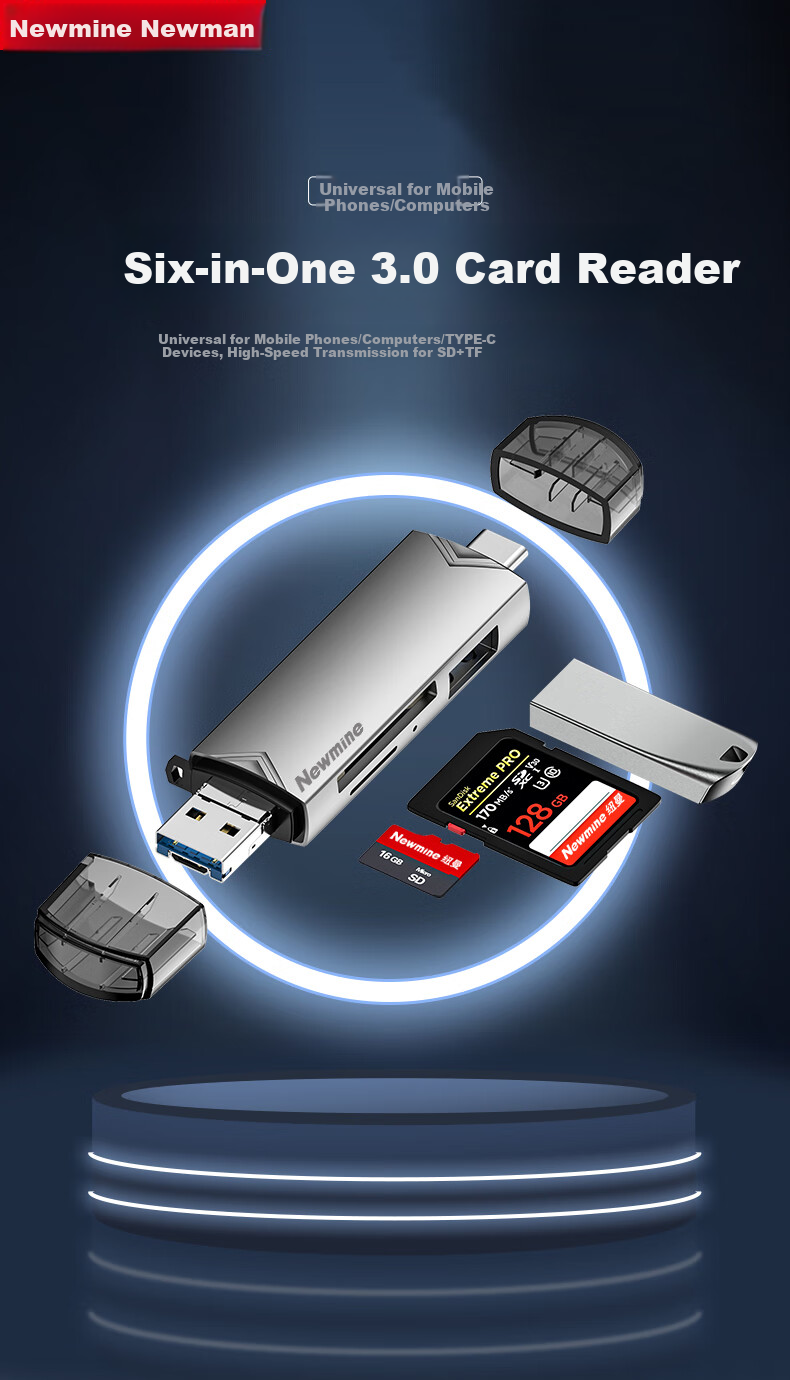 Многофункциональный док-станция Newmine DK603, 6-в-1, высокоскоростной кард-ридер, поддержка карт памяти SD/TF для видеорегистраторов, USB-адаптер-разветвитель, серый