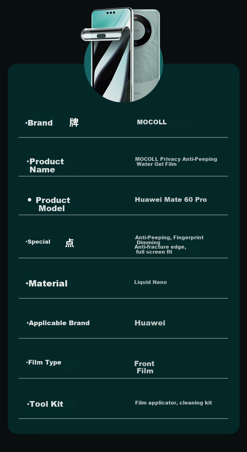 Защитная гидрогелевая пленка MOCOLL для Huawei Mate60 Pro, противоударная, антибликовая, с защитой от отпечатков пальцев