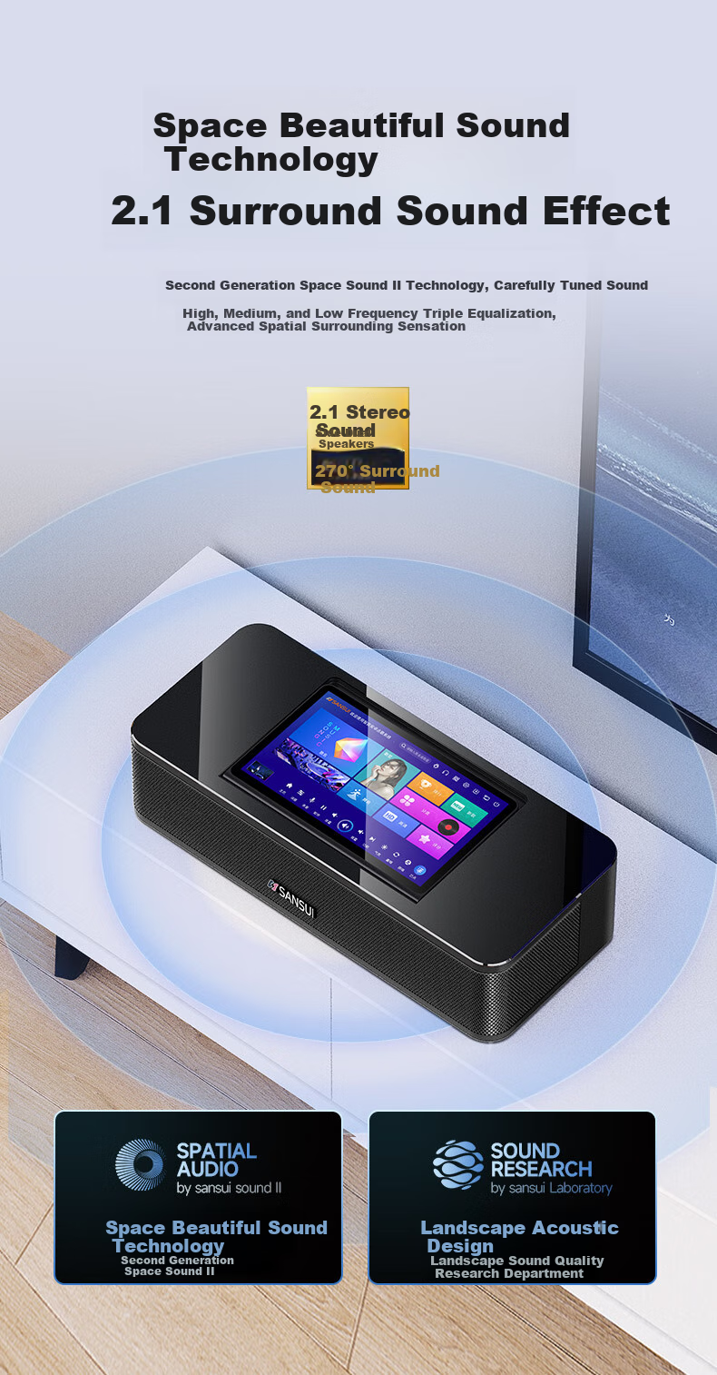 SANSUI 96H Умная домашняя караоке-система, портативная колонка с Bluetooth, Wi-Fi, HDMI, USB, оптическим и AUX входами, 14.1-дюймовый сенсорный экран, 500 ГБ памяти, 2 микрофона