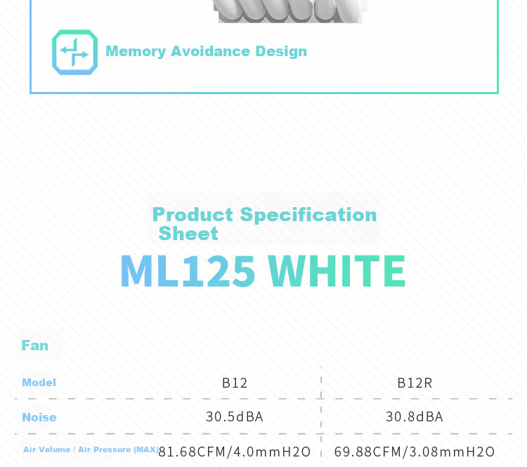 Кулер для процессора VALKYRIE ML125 WHITE, воздушное охлаждение, 6 тепловых трубок, медное основание, 2.0-дюймовый IPS LCD дисплей, совместимость с LGA1700 AM5