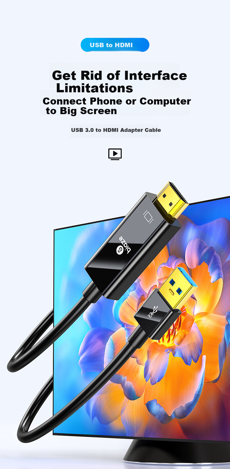 Кабель BIAZE USB 3.0 на HDMI, внешний видеоадаптер для ноутбука, компьютера, телевизора, проектора, 1 метр