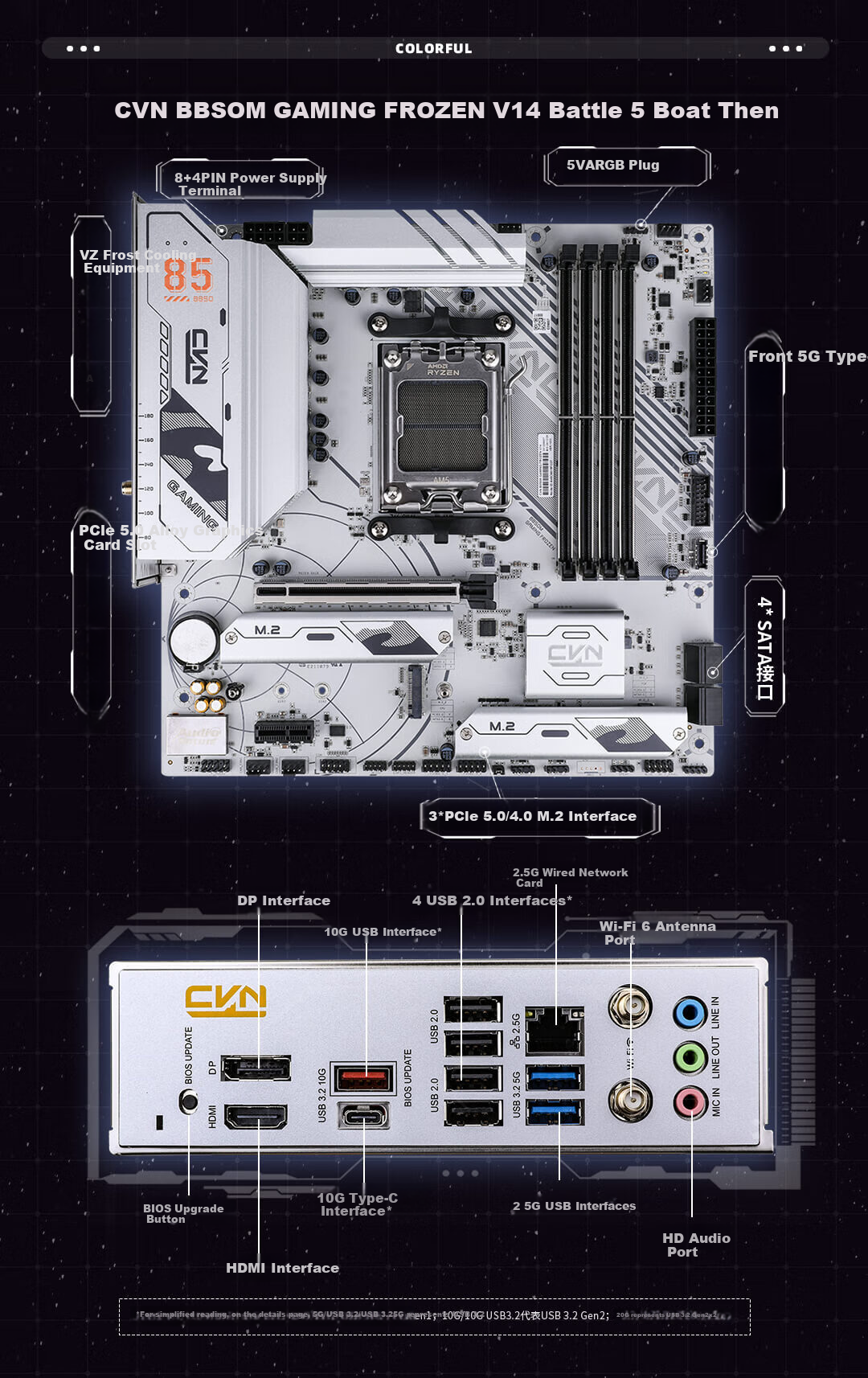 Материнская плата Colorful CVN B850M GAMING FROZEN WIFI V14, AM5, DDR5, Wi-Fi 6, 2.5G Ethernet, M-ATX