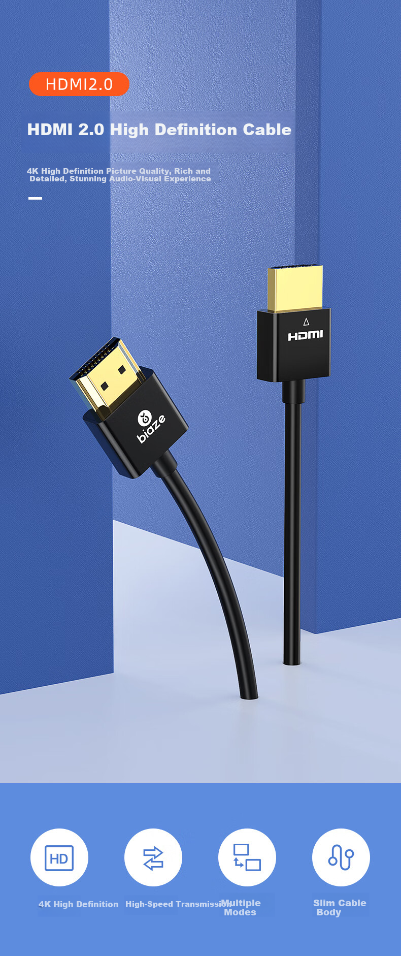 Кабель BIAZE HDMI версии 2.0, 4K, 1080P60Hz, для настольных ПК, ноутбуков, телевизоров, мониторов, тонкий гибкий кабель, 10 метров