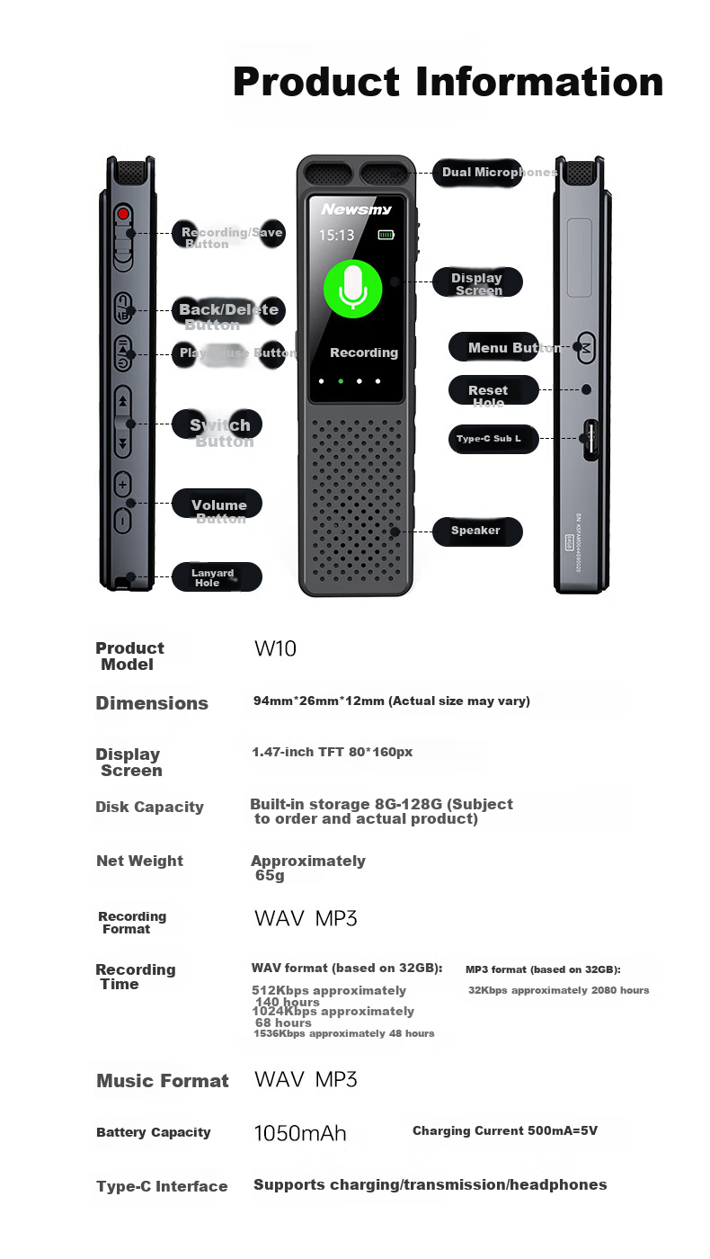 Диктофон Newsmy W10, 32GB, черный, запись звука, шумоподавление, активация по голосу