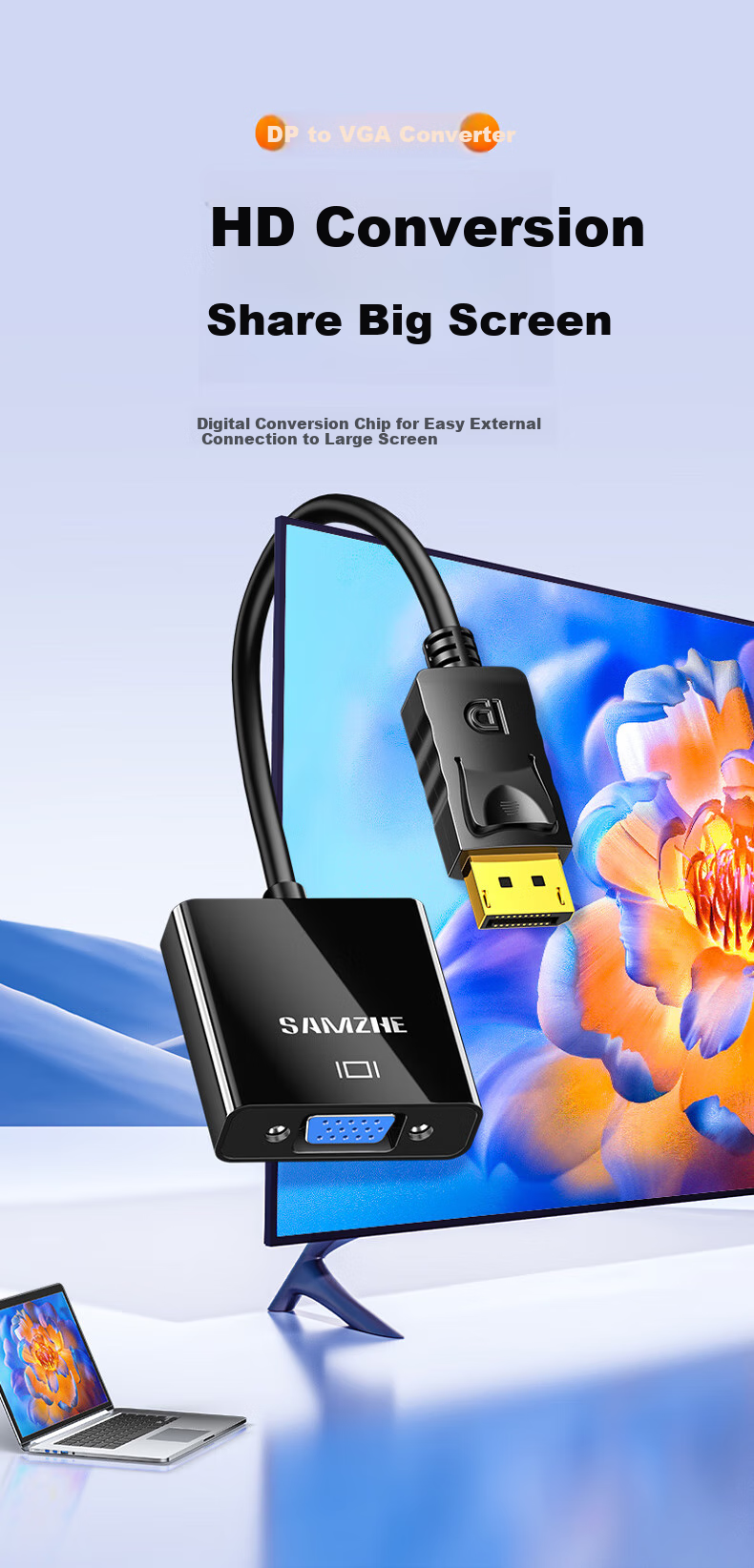 Конвертер SAMZHE DP to VGA PG02, Displayport в VGA, адаптер кабель для настольного компьютера в монитор/проектор, черный