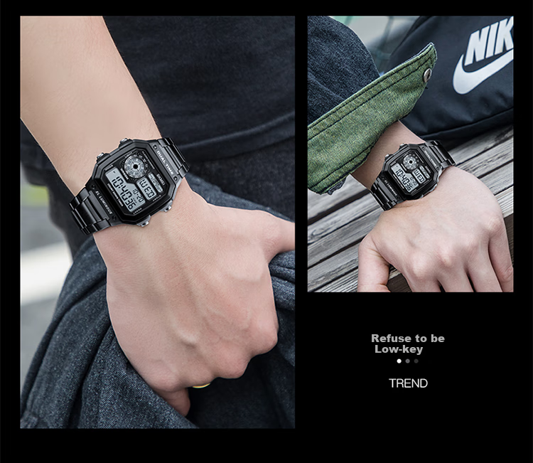 Skmei Student Watch Square High-End for Middle And High School Students, Waterproof Alarm Clock Sports Steel Band Electronic Watch for Men 1335