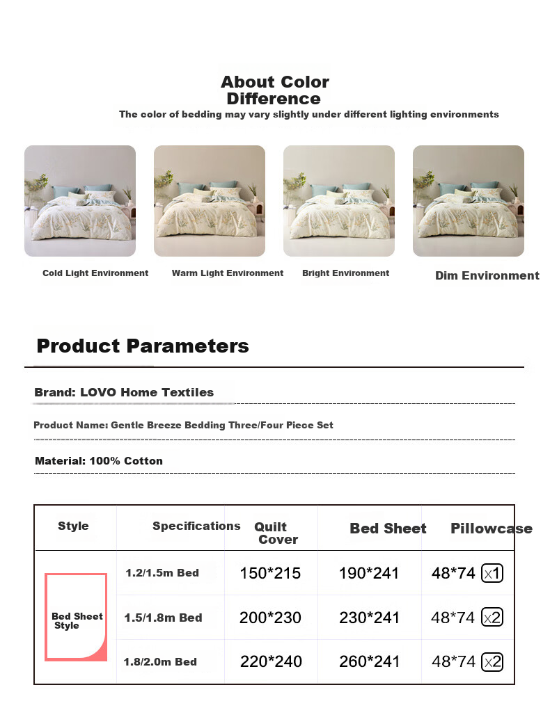 Комплект постельного белья LOVO Luolai Home Textiles из чистого хлопка, размер 200*230 см, зеленый