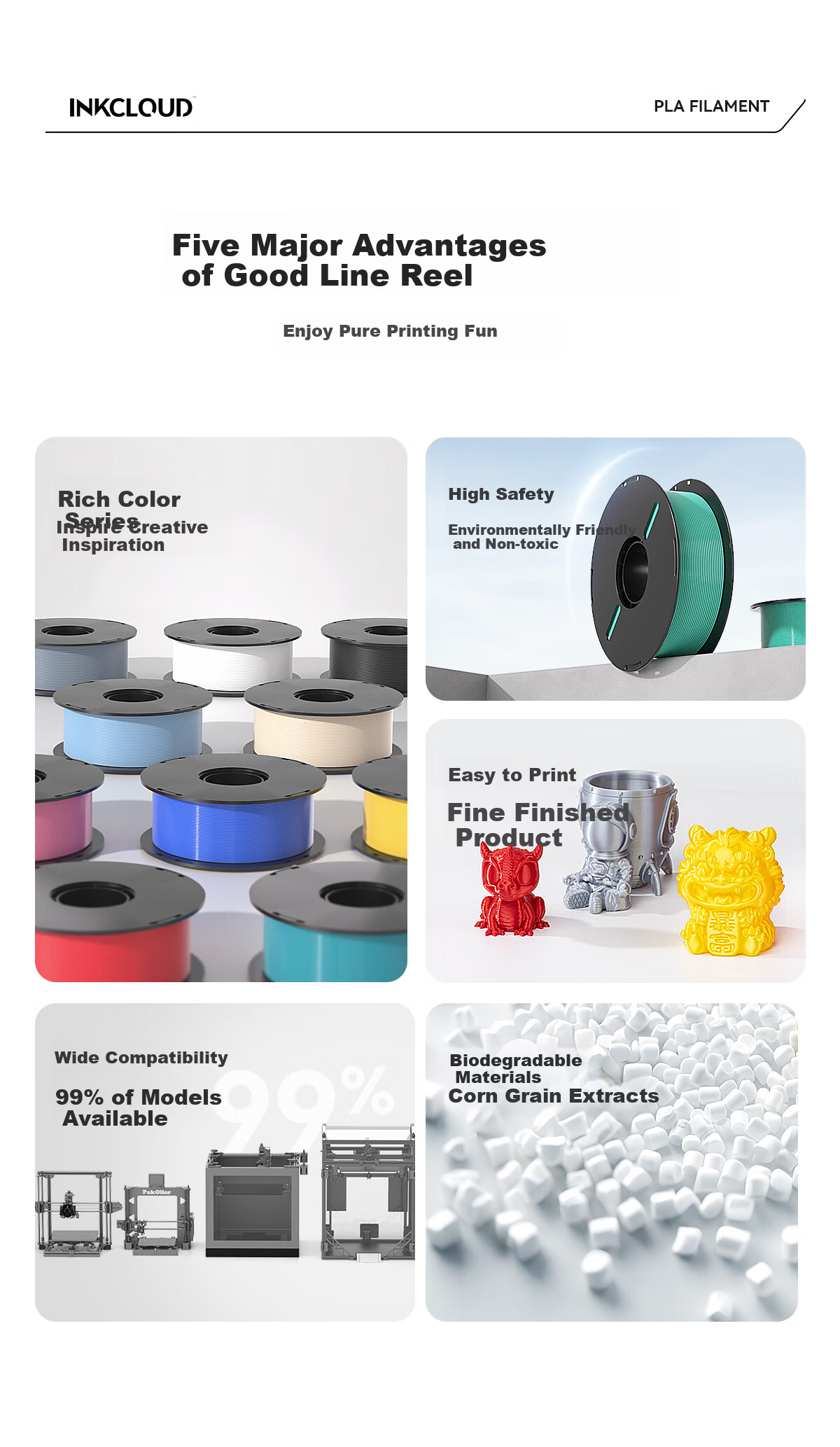 3D-принтер INKCLOUD PLA Basic, нить для 3D-печати, белая, 1 кг, 1.75 мм