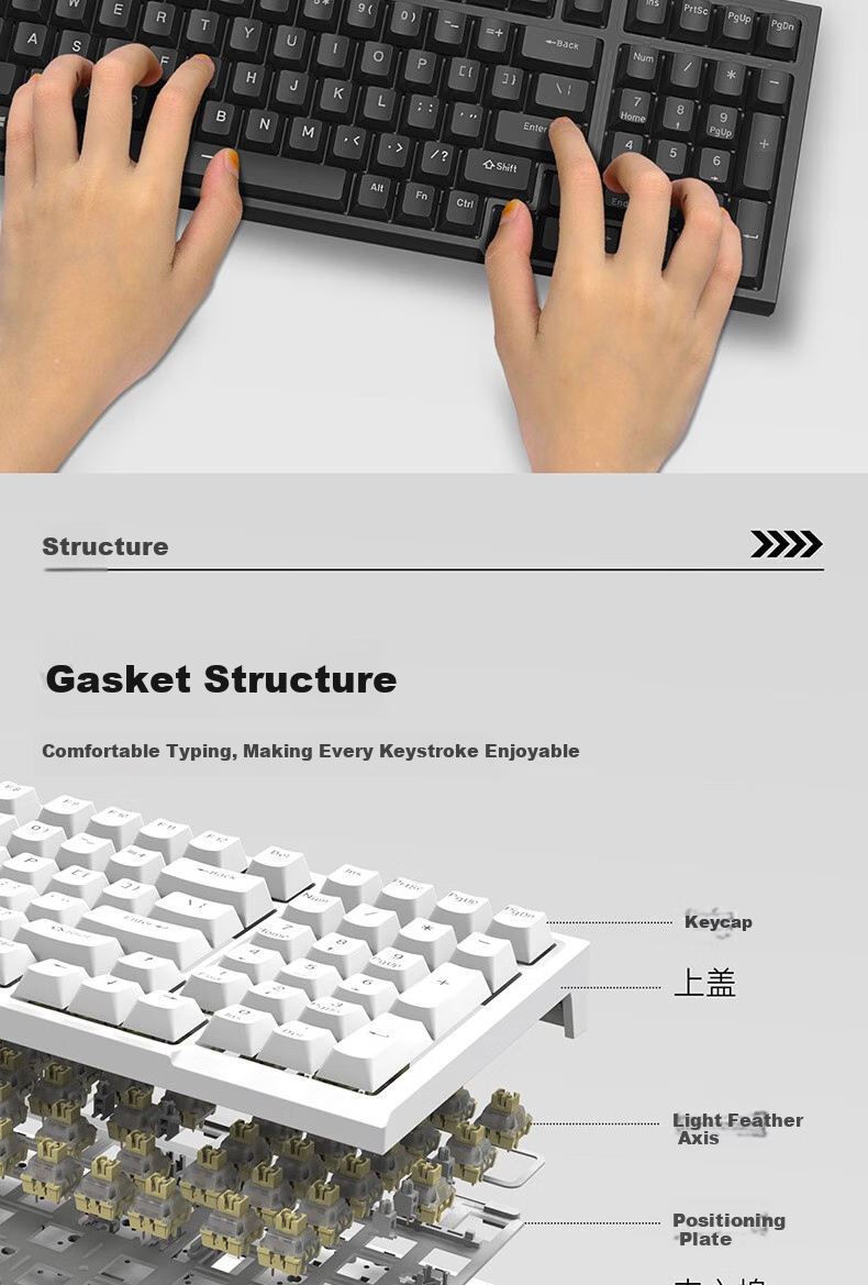 RK R98 Tri-Mode Mechanical Keyboard, Wireless And Wired, Bluetooth Compatible, 99 Keys, for Computer Office Use, Quiet Switches, Gaming-Friendly, Full N-Key Rollover, Long Battery Life, Non-Luminous ABS Keycaps, White, Light Feather Switches