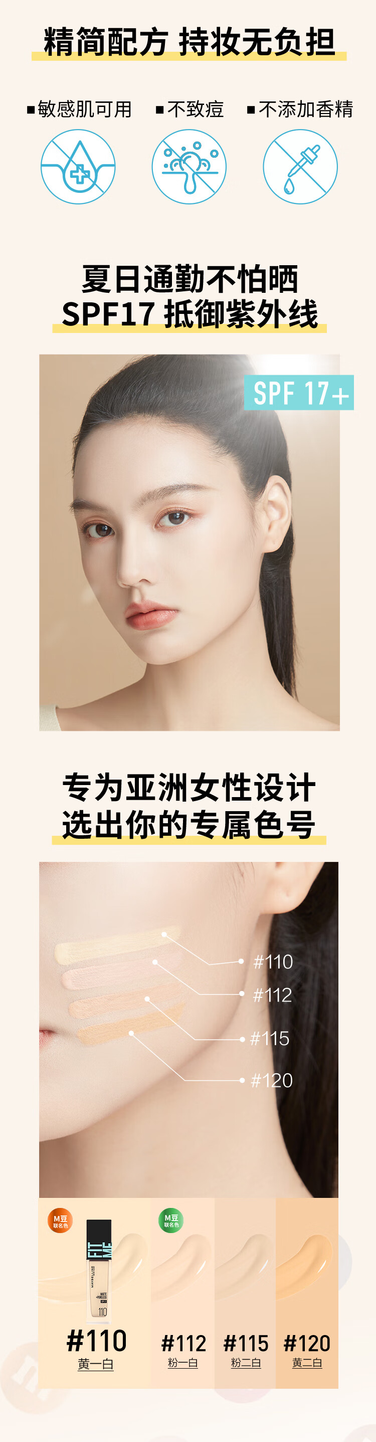 美宝莲（MAYBELLINE） FITME PRO粉底液 全新升级 防晒遮瑕控油持久不脱妆 保湿滋润 水润版110-黄一白