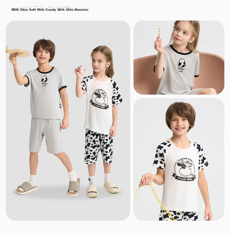 Пижама детская Aimer Kids для девочек, молочная ткань, антибактериальная, с коротким рукавом, 3А, летняя, унисекс, размер 130