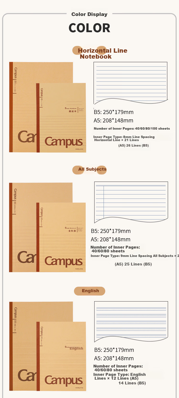 KOKUYO Campus Wireless Binding Notebook, 60 Sheets, 300 Grids, 3-Pack, Kraft Paper Composition Notebook WCN-CNB1669